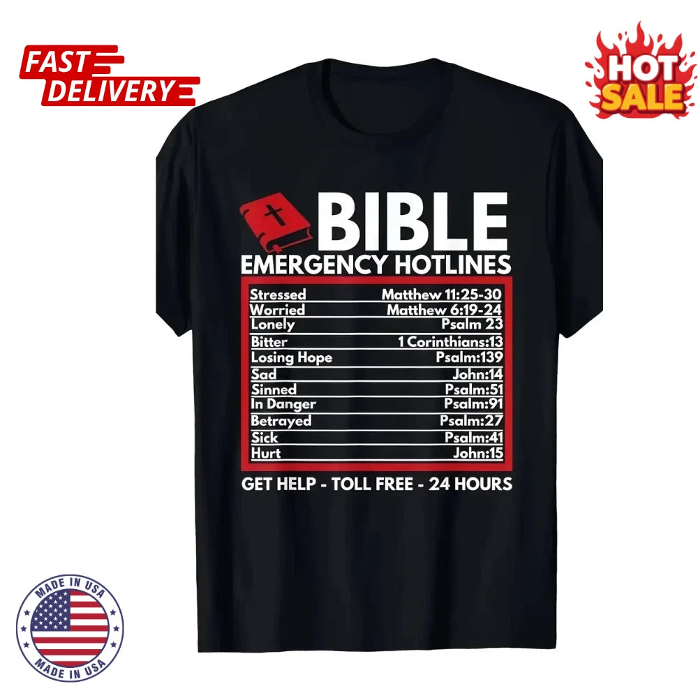 Bible Emergency Numbers - Funny Christian Bible & Jesus T-Shirt Unisex S-5XL NEW