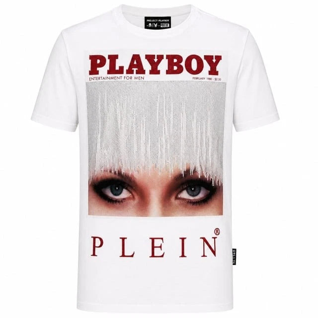 PHILIPP PLEIN x PLAYBOY Magazine 1980 Crystal Iconic Eyes T-Shirt White L XL