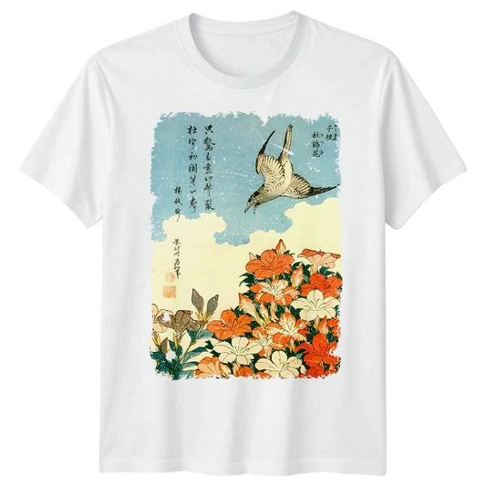 Bird and Flowers Japanese Art Mens T-Shirt Flying Animal Tee