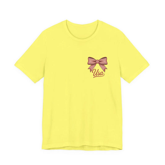 USA Floral Bow Fourth of July Front & Back T-Shirt Patriotic Vintage Script Tee