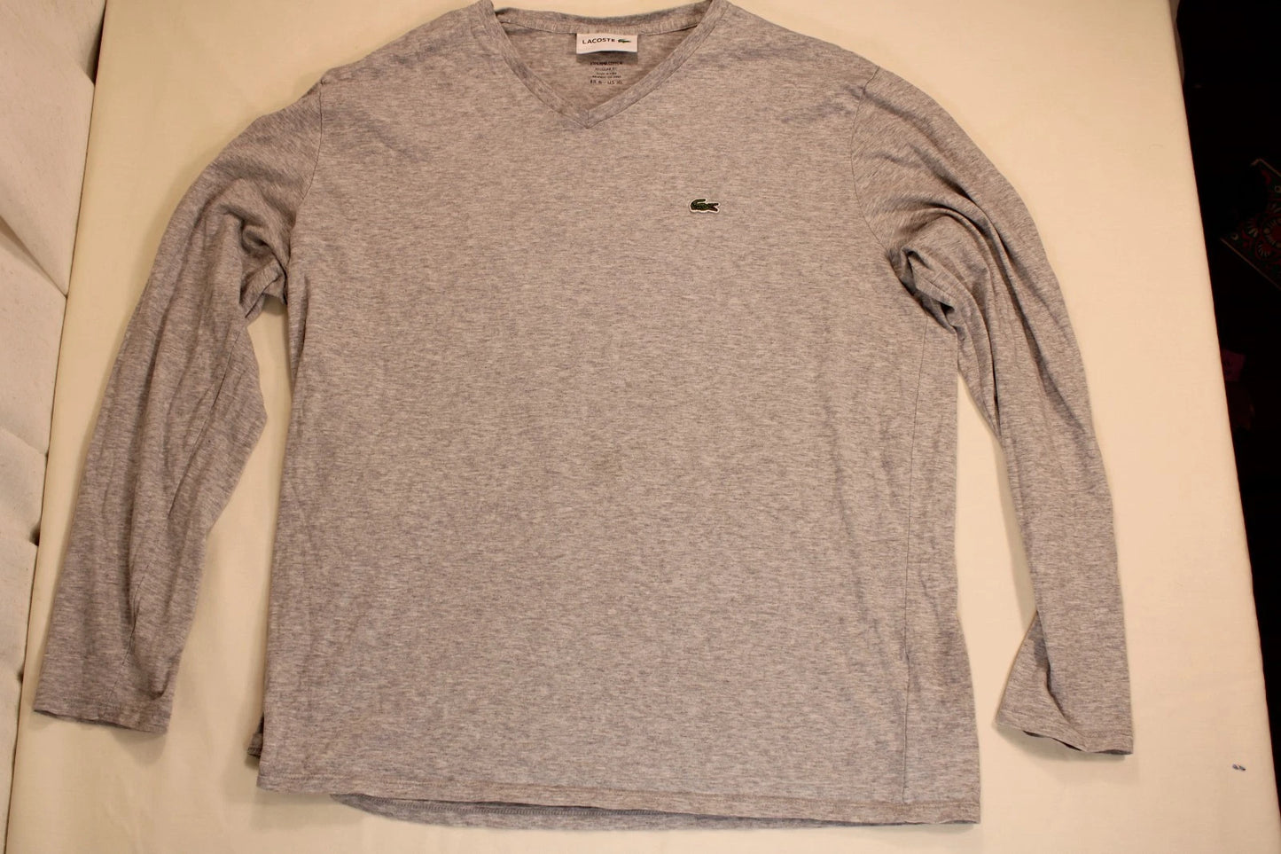 Lacoste Men's XL Gray 100% Pima Cotton V-Neck Long Sleeve T-Shirt Croc Logo L