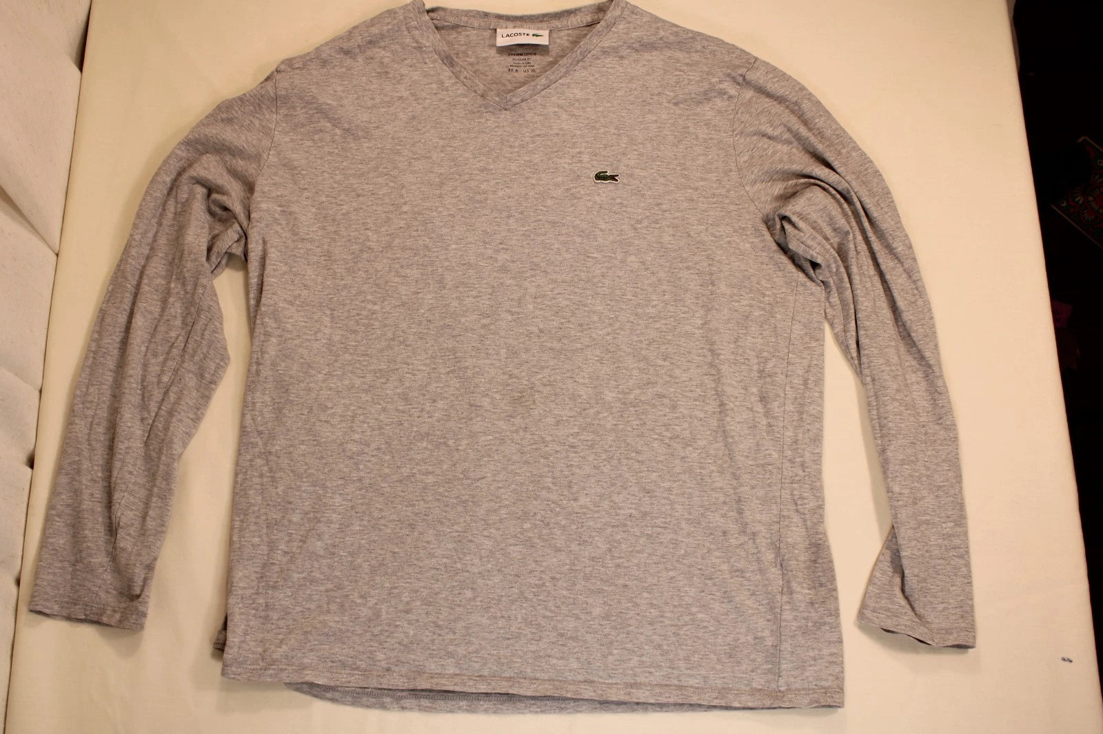 Lacoste Men's XL Gray 100% Pima Cotton V-Neck Long Sleeve T-Shirt Croc Logo L