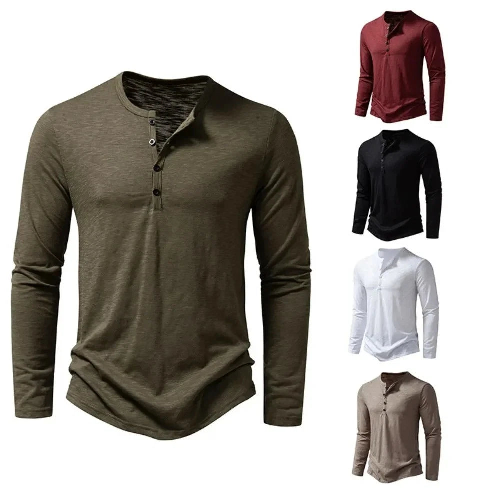 Men's Shirt Cotton Henley Neck T-Shirts Long Sleeve Casual Button Plain
