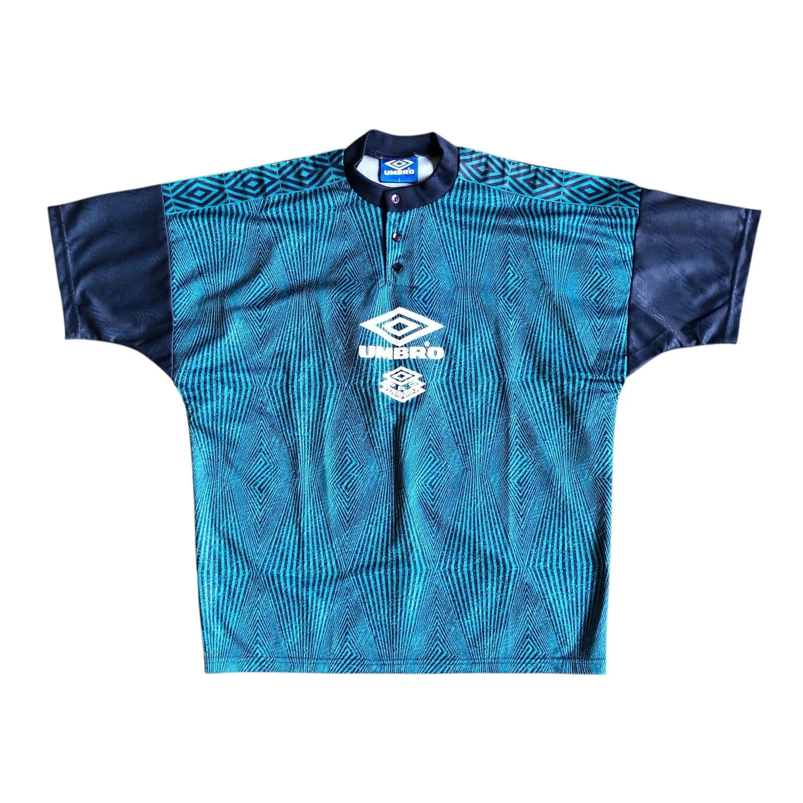 Vintage 90s Umbro Pro Training 3-Button Henley Shirt Men’s S Green Blue Logo Top