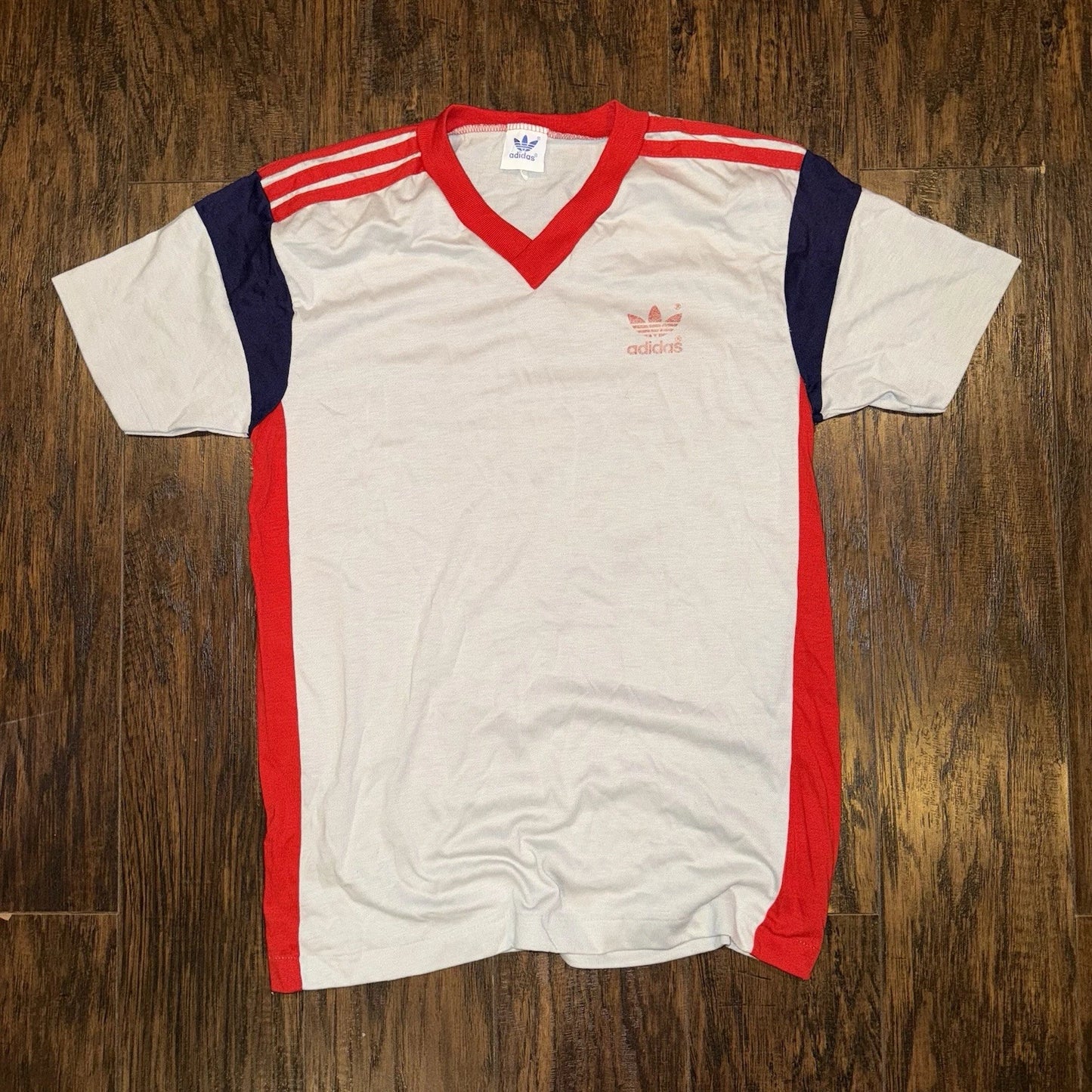 VINTAGE 80s ADIDAS FOOTBALL SHIRT JERSEY RETRO WEST 1980S RED SOCCER SIZE LARGE