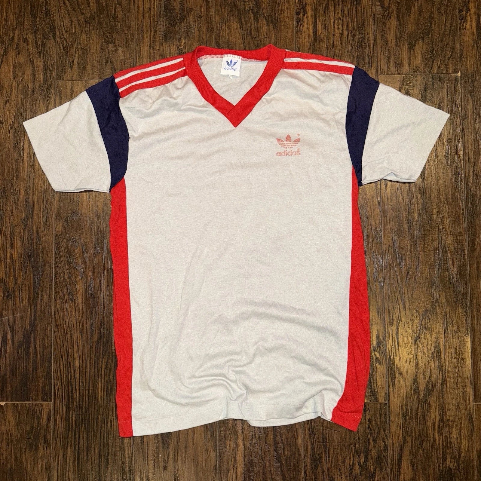 VINTAGE 80s ADIDAS FOOTBALL SHIRT JERSEY RETRO WEST 1980S RED SOCCER SIZE LARGE