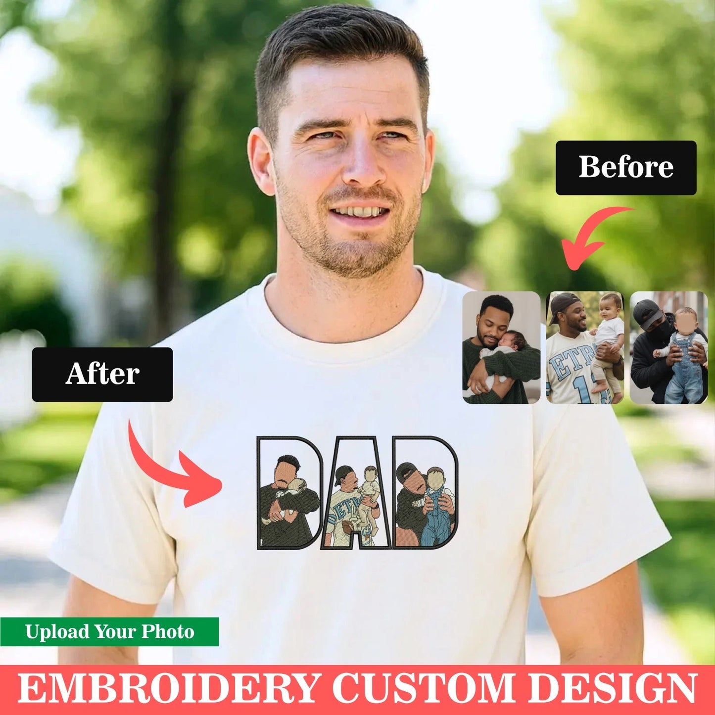 Custom Photo  Embroidered Dad Shirt With Personalised Family Gift Unisex Tee Top