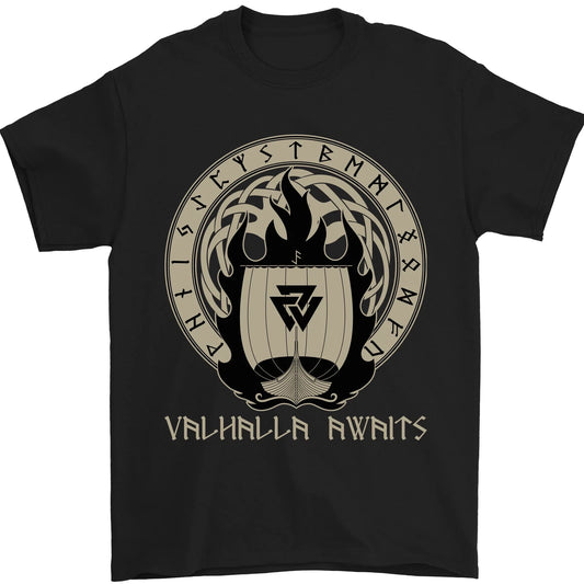 Vikings Valhalla Awaits Valknut Symbol Odin Mens T-Shirt 100% Cotton