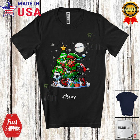 Custom Name Elf Playing Soccer; Christmas Tree Sport Player Lover Team T-Shirt