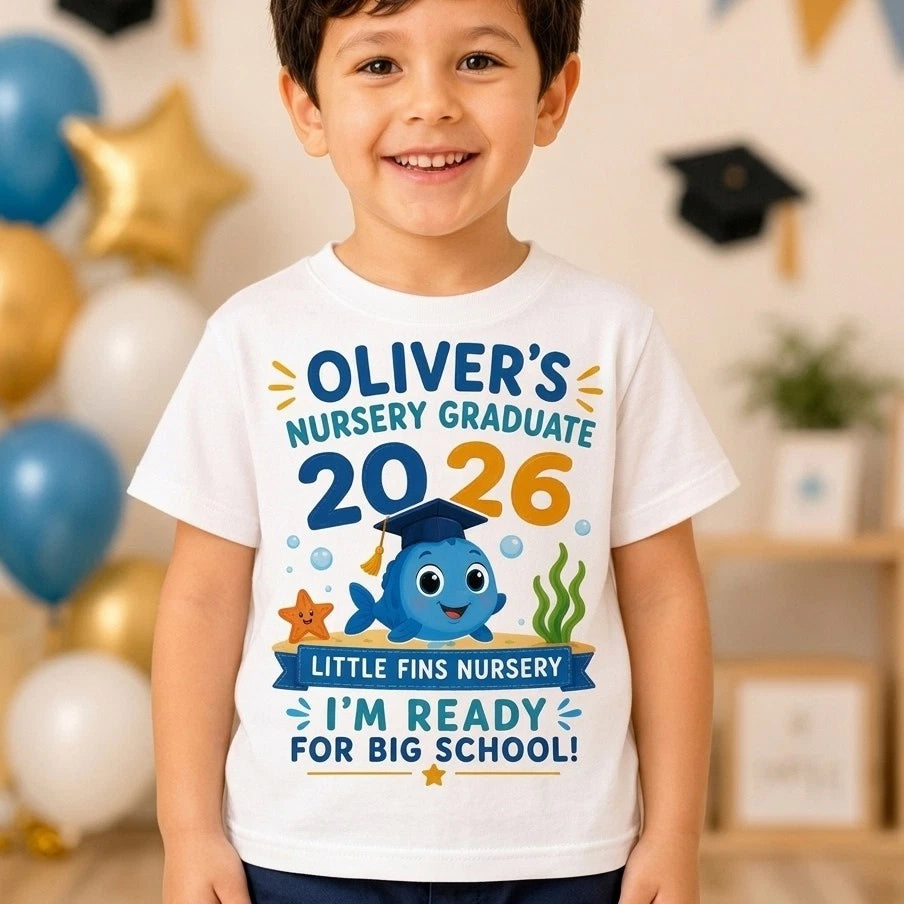 Personalised Nursery Graduate 2026 Fish School Leaver Gift T Shirt
