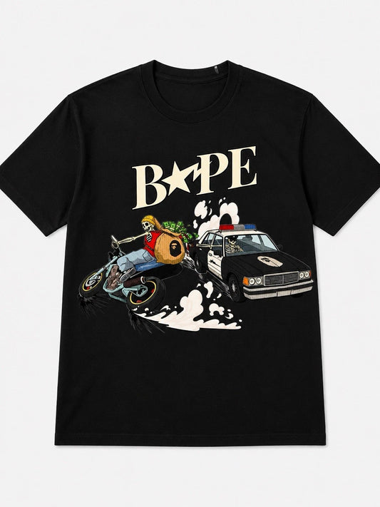 Street Chase Skeleton Graphic T-Shirt | Motorcycle Rider Cartoon Tee
