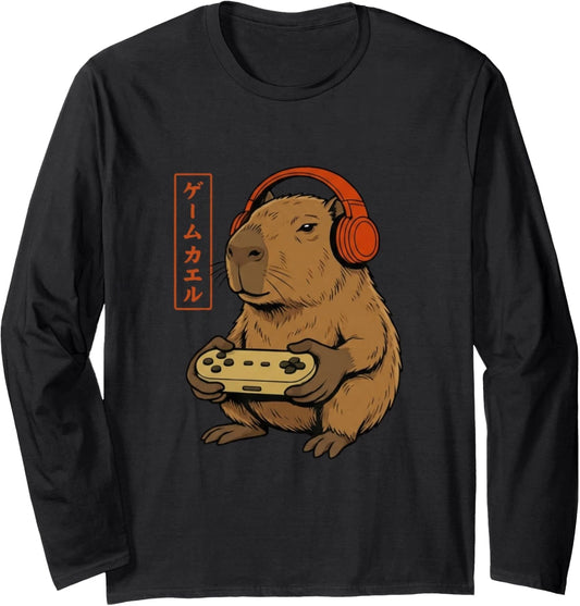 Japanese Gamer Capybara Funny Gaming Art Long Sleeve T-Shirt