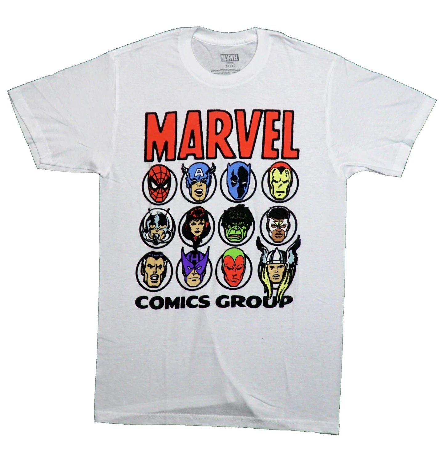 Marvel Comics New Adult T-Shirt - 12 Character Retro Head Shots Under Logo