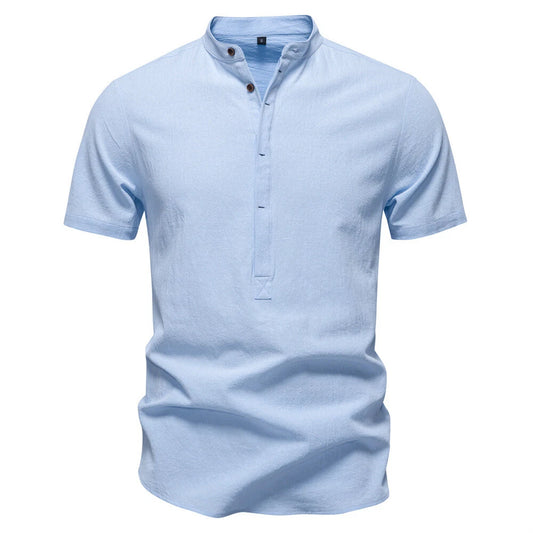Mens Linen Short Sleeve Henley Shirt Casual Slim Shirts Button Tops Blouse