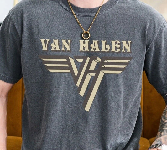 Van Halen Logo T-Shirt 70s Rock Band on Vintage Black Comfort Colors 1717 Tee