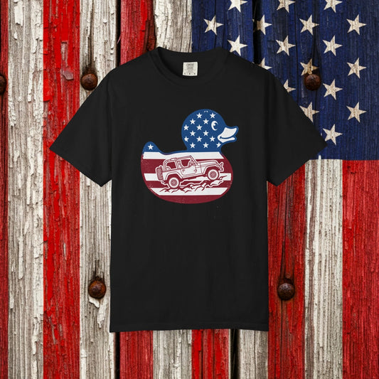 USA Flag Rubber Duck with Wrangler TJ Topless Off-Road Graphic T-Shirt