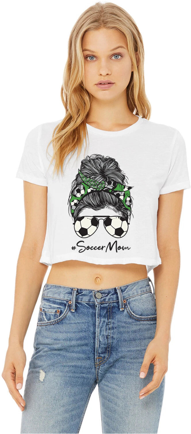 Mom Bun Soccer Mom Soccer Ball Headband Womens Crop T-Shirt