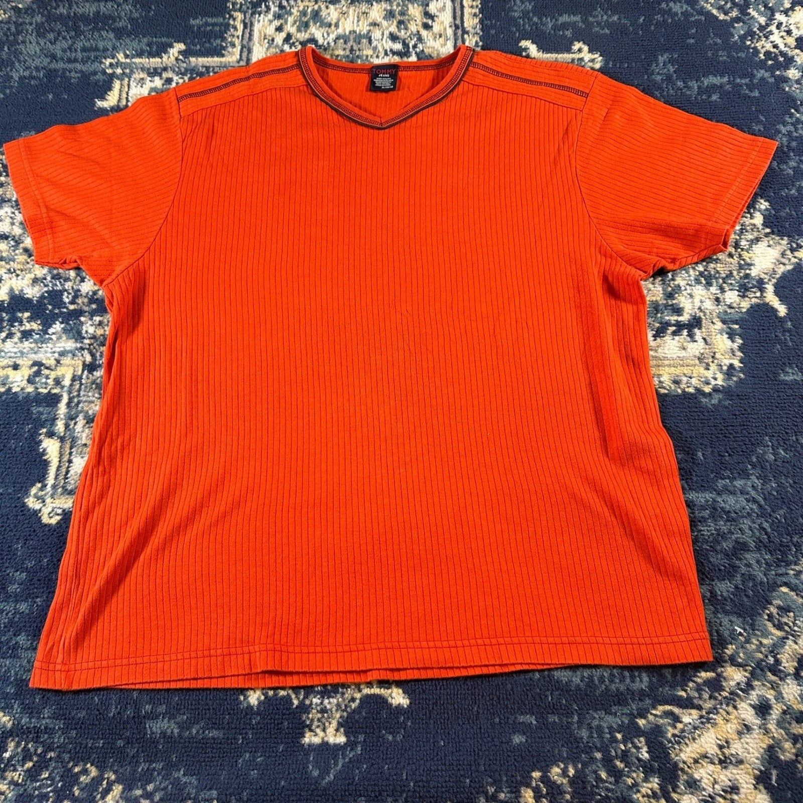 Tommy Jeans Mens XL Orange Ribbed Knit V-Neck Short Sleeve T-Shirt Cotton 52504
