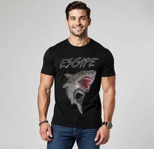 New Men Fashion Diamond Shark Rhinestones Luxury Black White T-Shirt