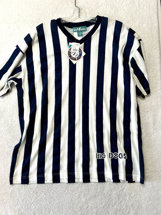 Vintage Big Dogs Vertical Stiped V-Neck L/XL White/Navy Referee Shirt (I3)