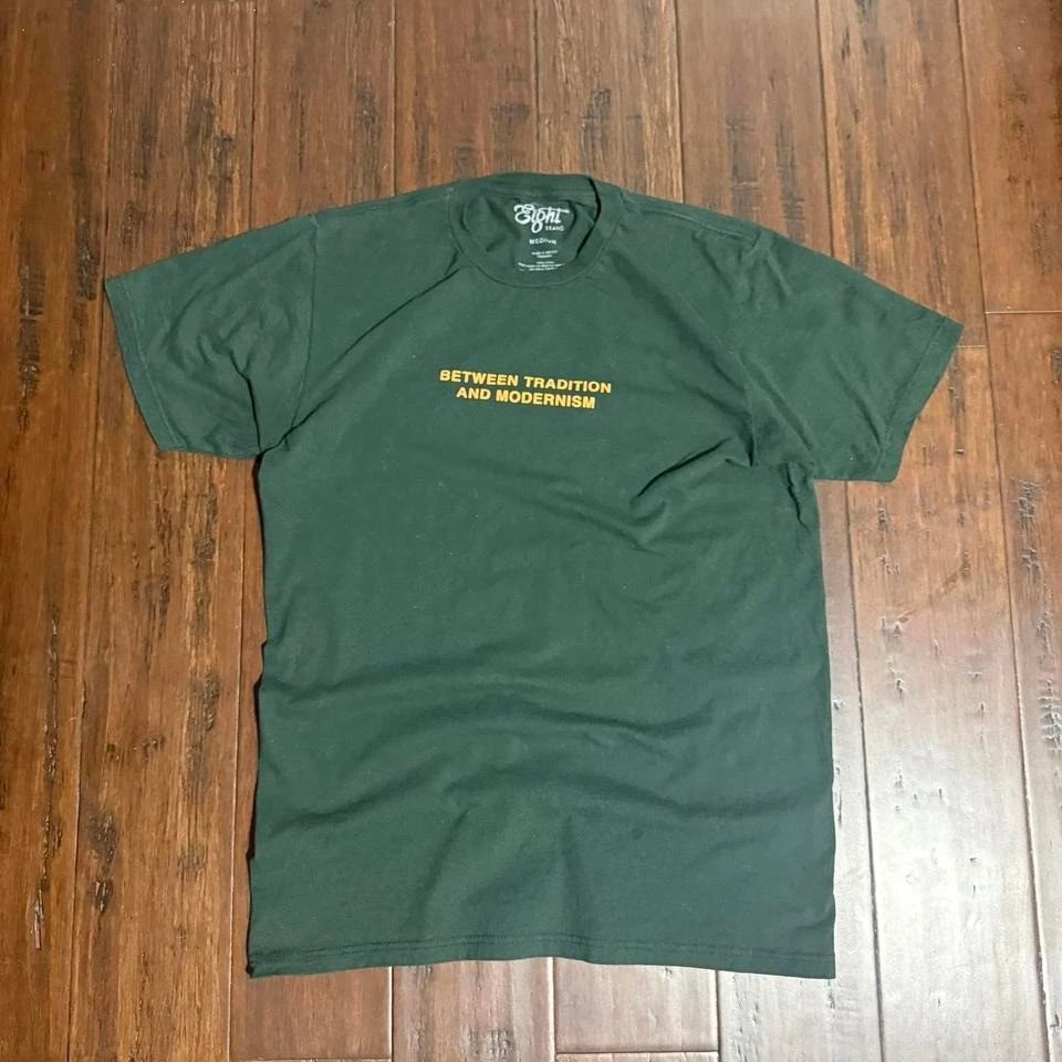 Green and yellow "Between Tradition and Modernism" cotton tee Size:M