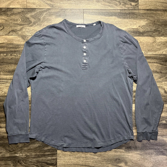Buck Mason Long Sleeve Henley Shirt Men's XL Charcoal Gray Curved Hem EUC