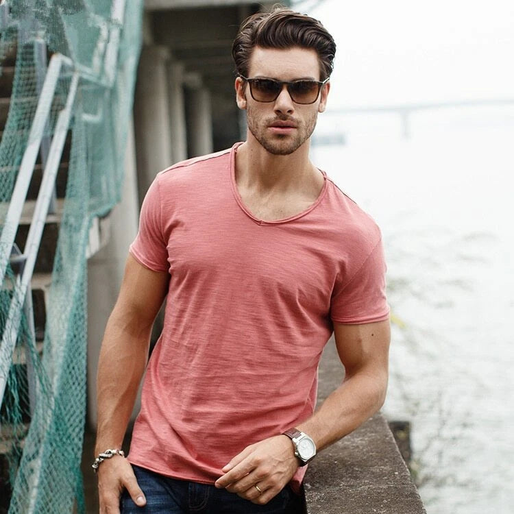 Cotton Men T-shirt V-neck Short Sleeve Fashion Slim Fit Soild T-shirts Tops Tees
