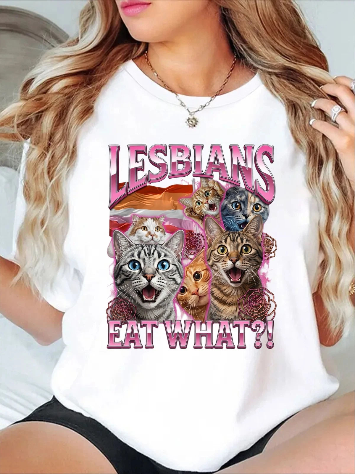 Lesbians Eat What Meme T-Shirt - Funny Sarcastic Humour Shocked Cat Tee Gift