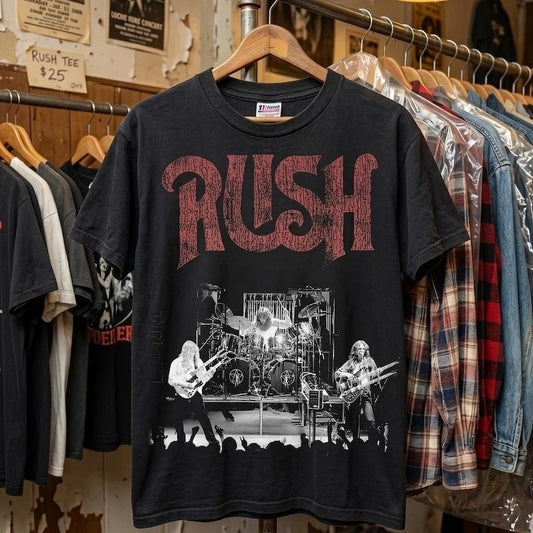 HOT Rush Band Shirt Vintage Black Distressed Red Logo Reprint