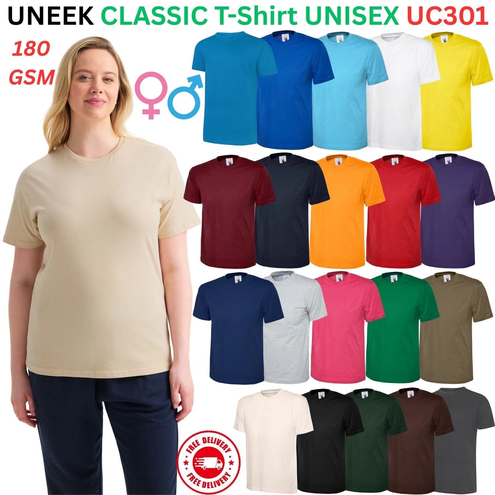 UNEEK UC301 Classic T-Shirt | Unisex 100% Cotton Plain Tee | Soft Casual