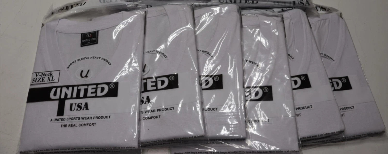 6x Lot United Sports Wear XL V-Neck Short Sleeve White Cotton T-Shirt Light Weig
