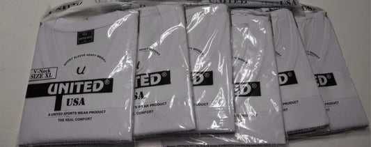 6x Lot United Sports Wear XL V-Neck Short Sleeve White Cotton T-Shirt Light Weig