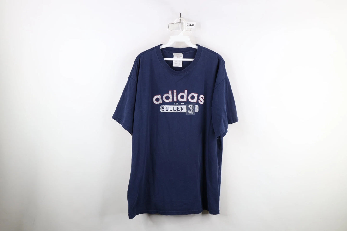 Vintage 90s Y2K Adidas Soccer Men Large Distressed Spell Out T-Shirt Blue Cotton