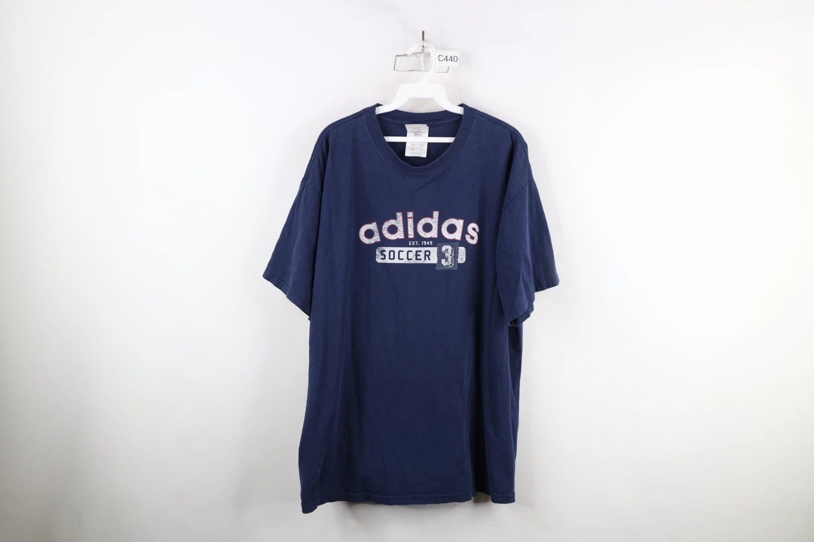 Vintage 90s Y2K Adidas Soccer Men Large Distressed Spell Out T-Shirt Blue Cotton