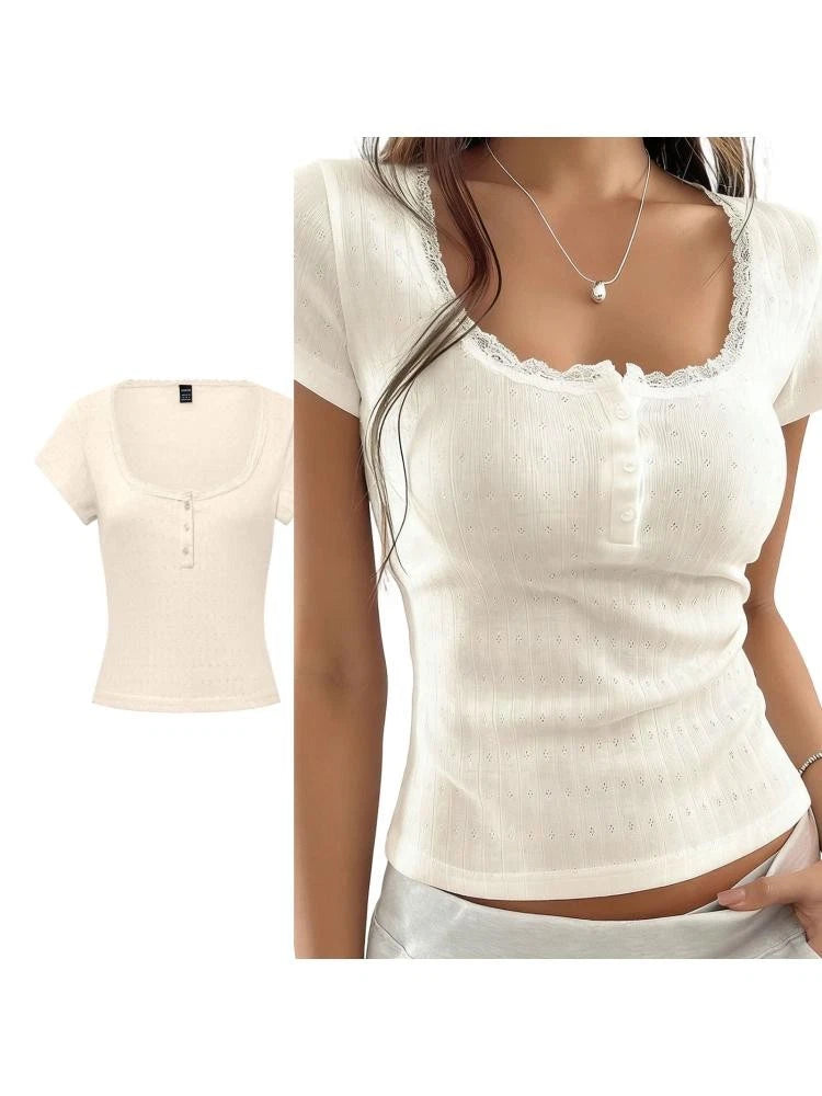 Button Down Slim Fit Pointelle T-Shirt For Women Short Sleeve Lace Trim Crop Top