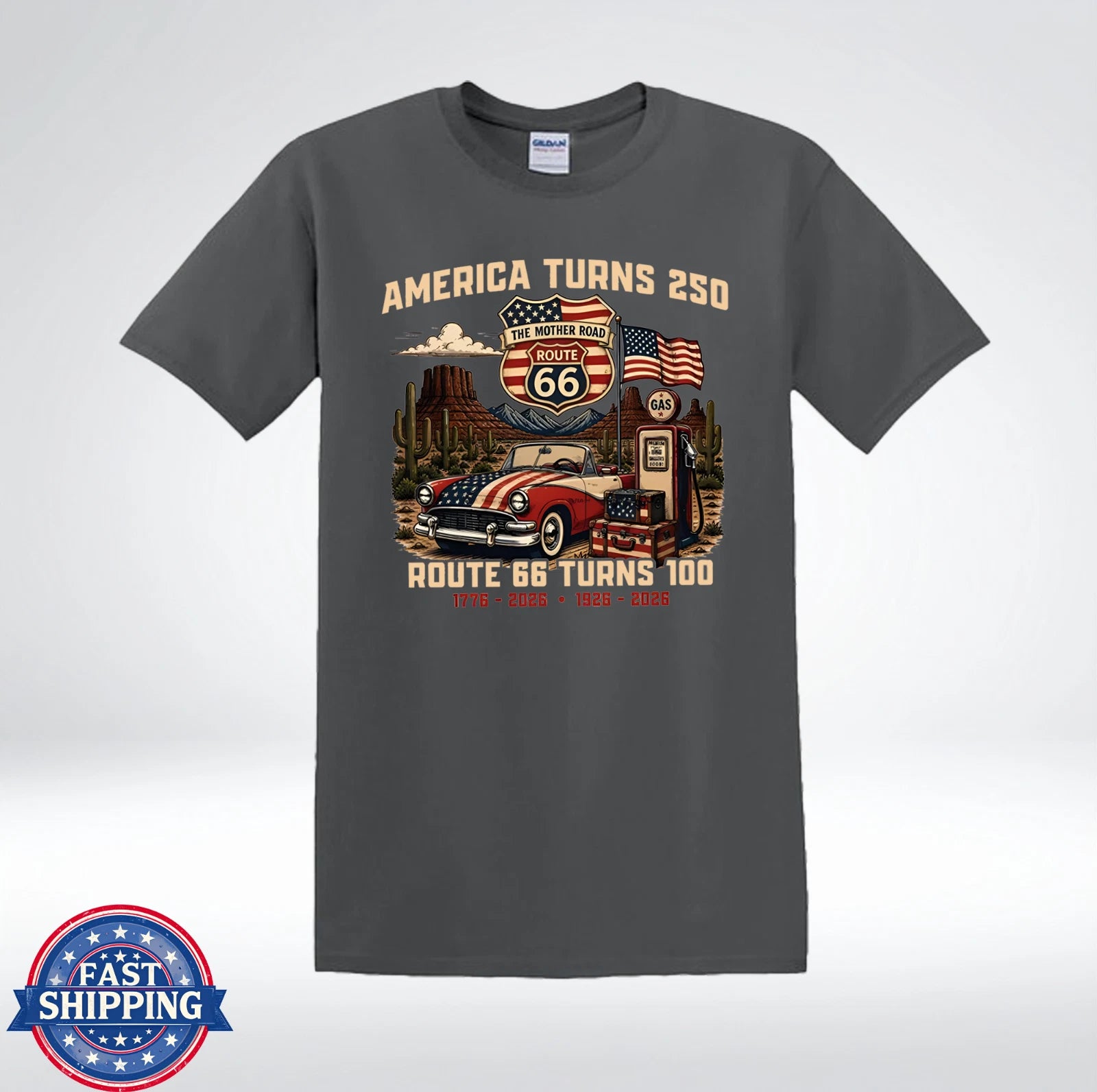 Route 66 Turns 100 America Turns 250 Vintage Road Trip T-Shirt