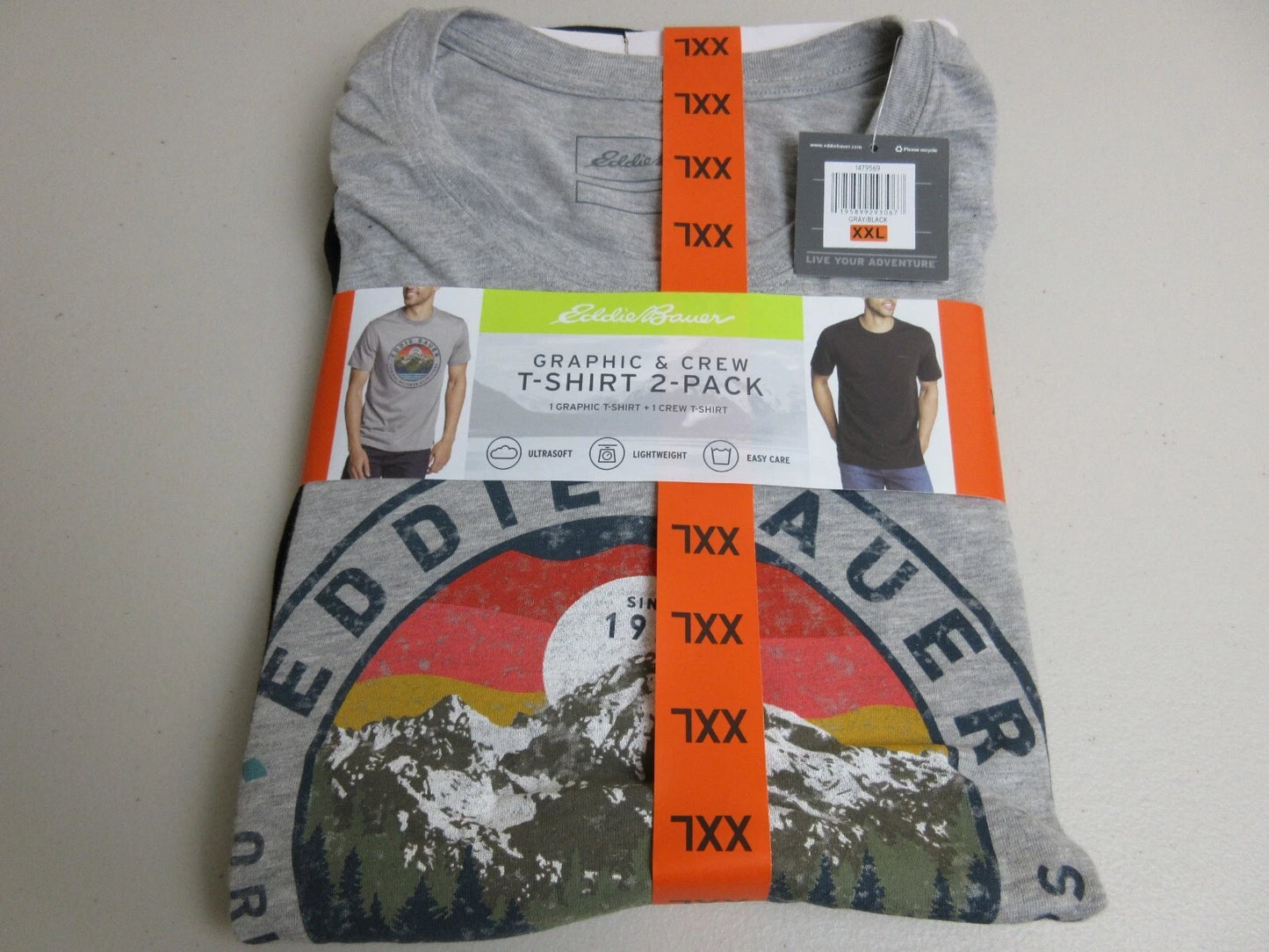 EDDIE BAUER Men's Graphic & Crew T-Shirt 2-Pack Gray and Black - Size XXL (New)