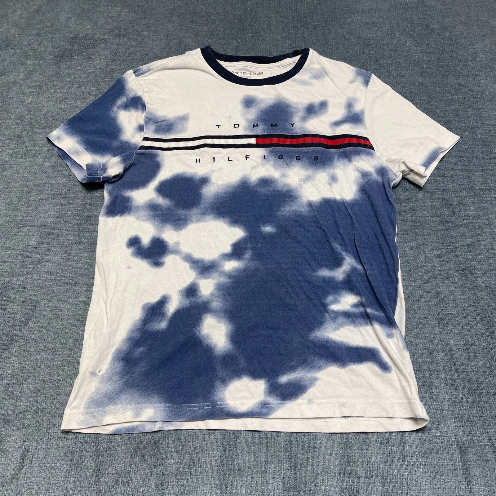 Tommy Hilfiger T Shirt Mens Medium White Blue Tie Dye Cotton Logo Everyday Wear