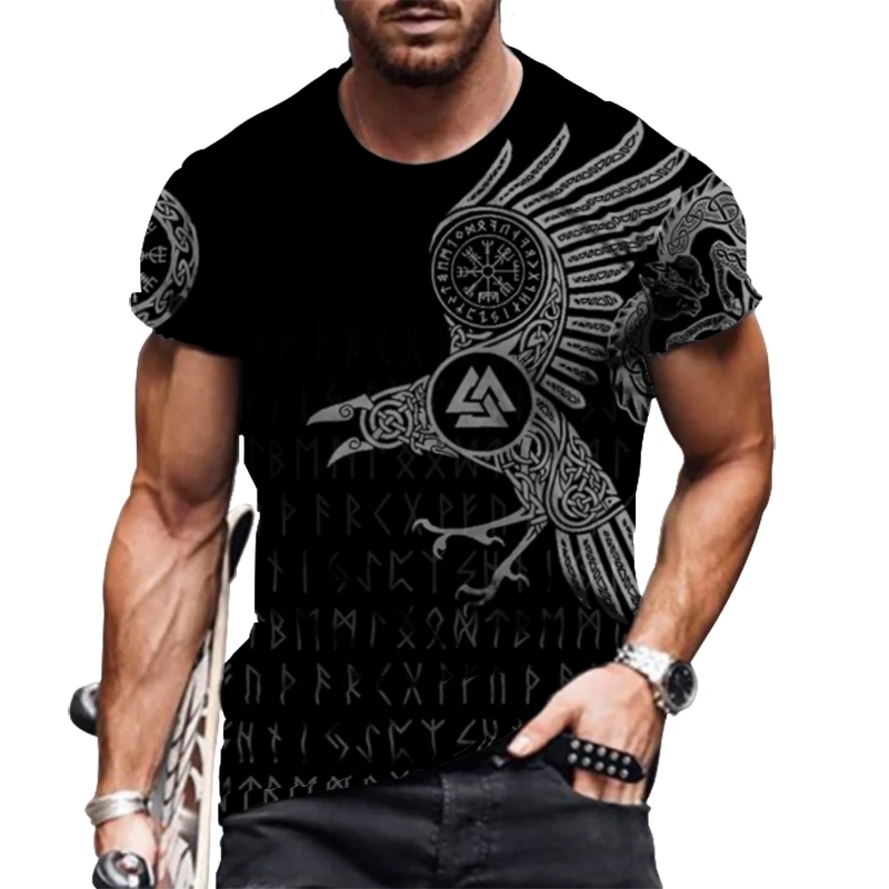 T-Shirt Men Fashion Graphic Black Tribal Hawk Eagle Casual Tee Short Sleeve Soft