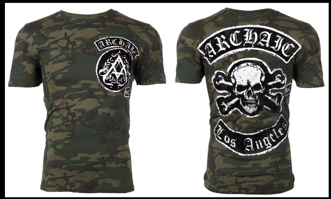 ARCHAIC by AFFLICTION Camo KING Skull Short Sleeve Slim Fit Y2K T-shirt NWT