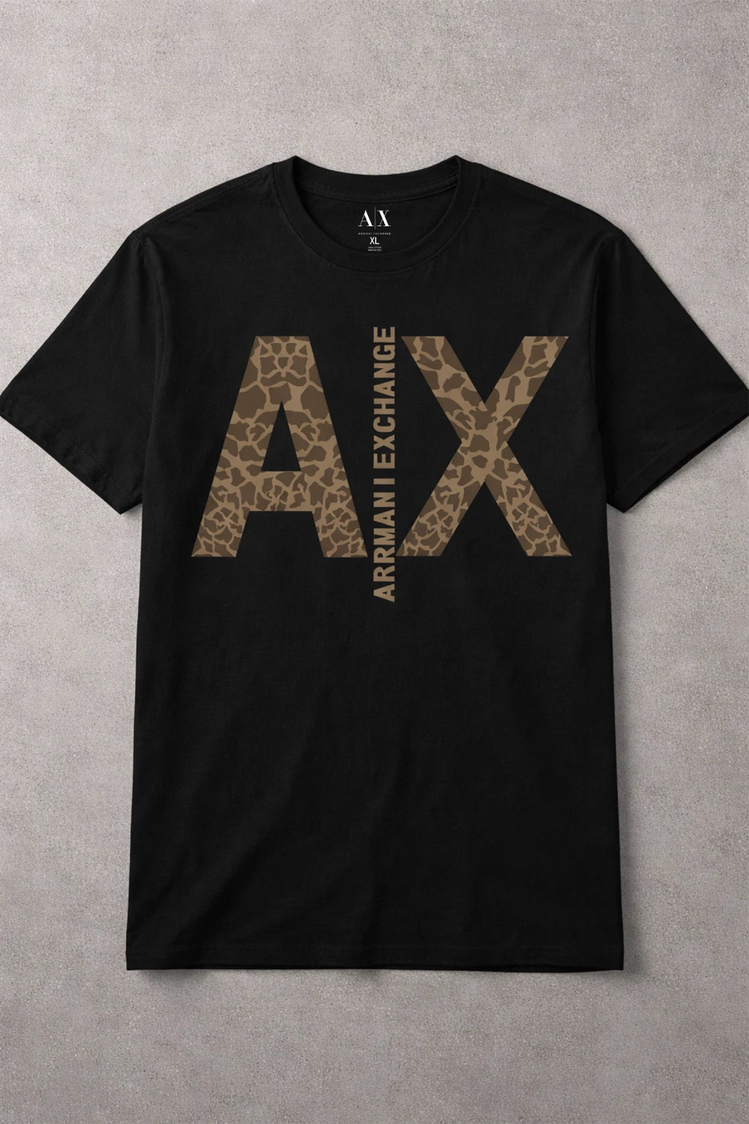Armani Exchange Animal Print Logo Black Brown Crew Neck Short Sleeve T-Shirt