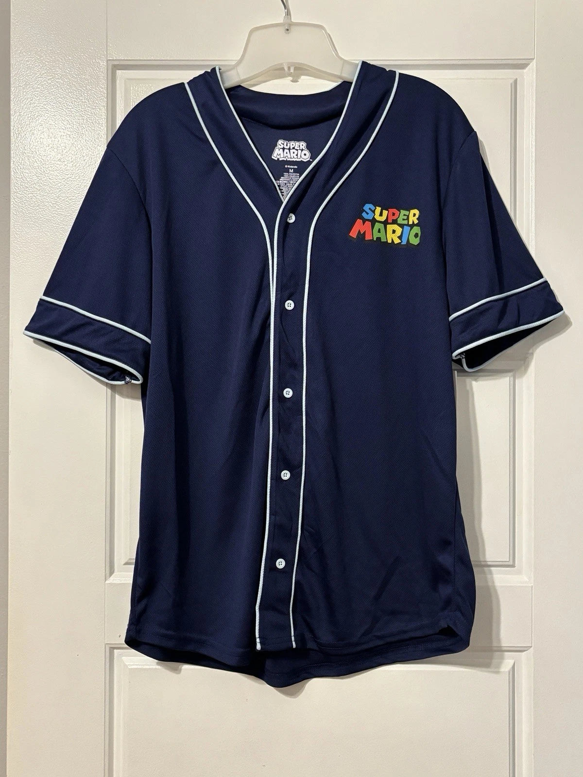 Super Mario Nintendo Character Men's Baseball Jersey Navy Blue Size Medium NWT