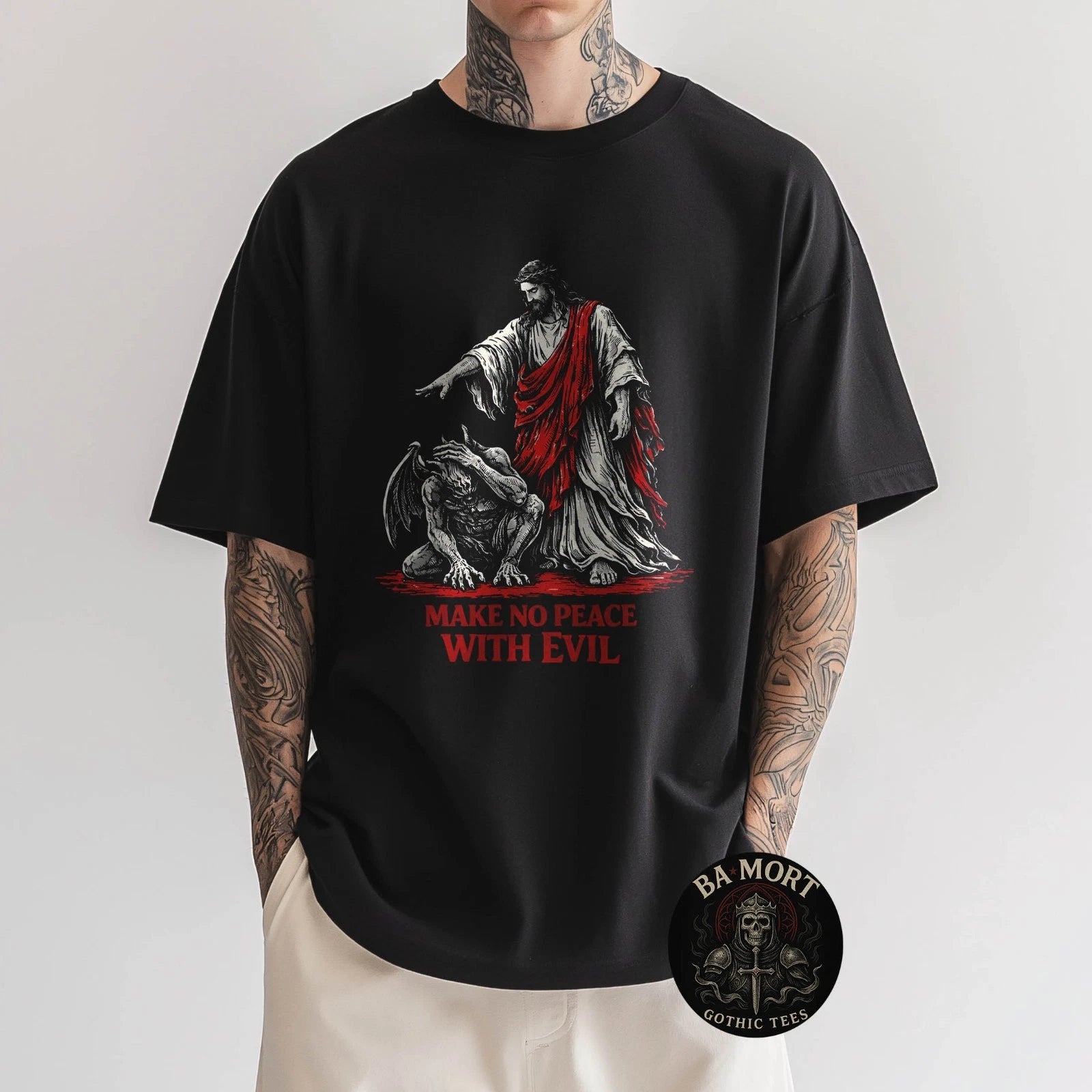 Make No Peace With Evil - Christ Is King In Metal Christian Streetwear T-Shirt