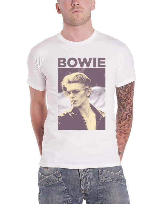 David Bowie T Shirt Vintage Retro Smoking Pose Logo Official Mens New White