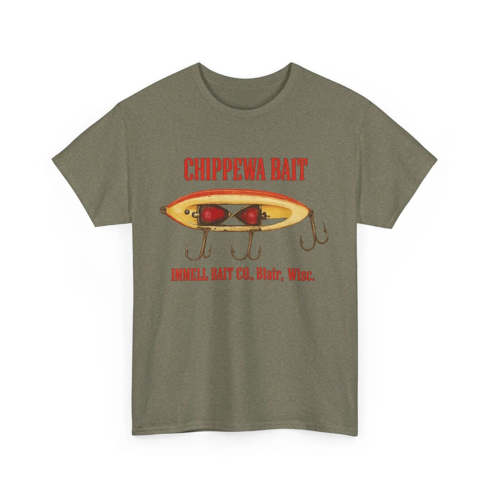 CHIPPEWA BAIT IMMELL BAIT CO. Blair WI Vintage Fishing Lure Distressed T-Shirt