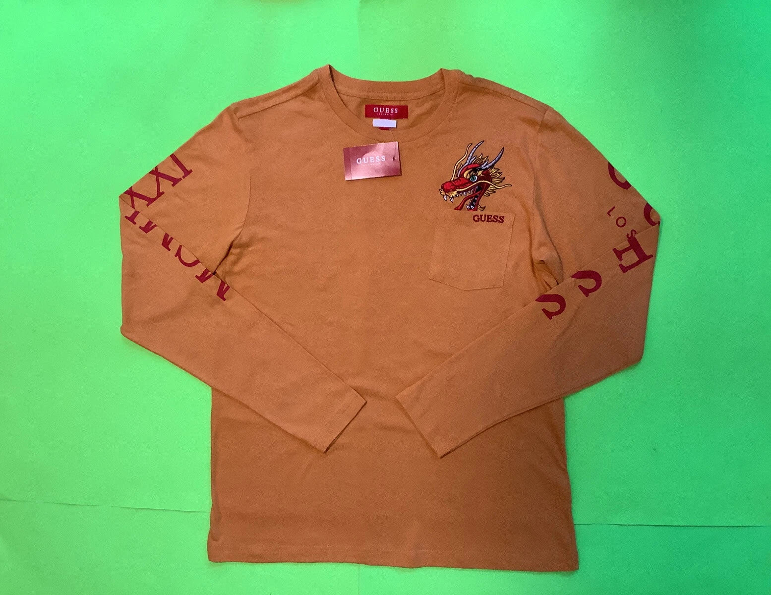 New GUESS Los Angeles Men’s Long Sleeve T-Shirt Size MEDIUM Yellow w/Red Cotton