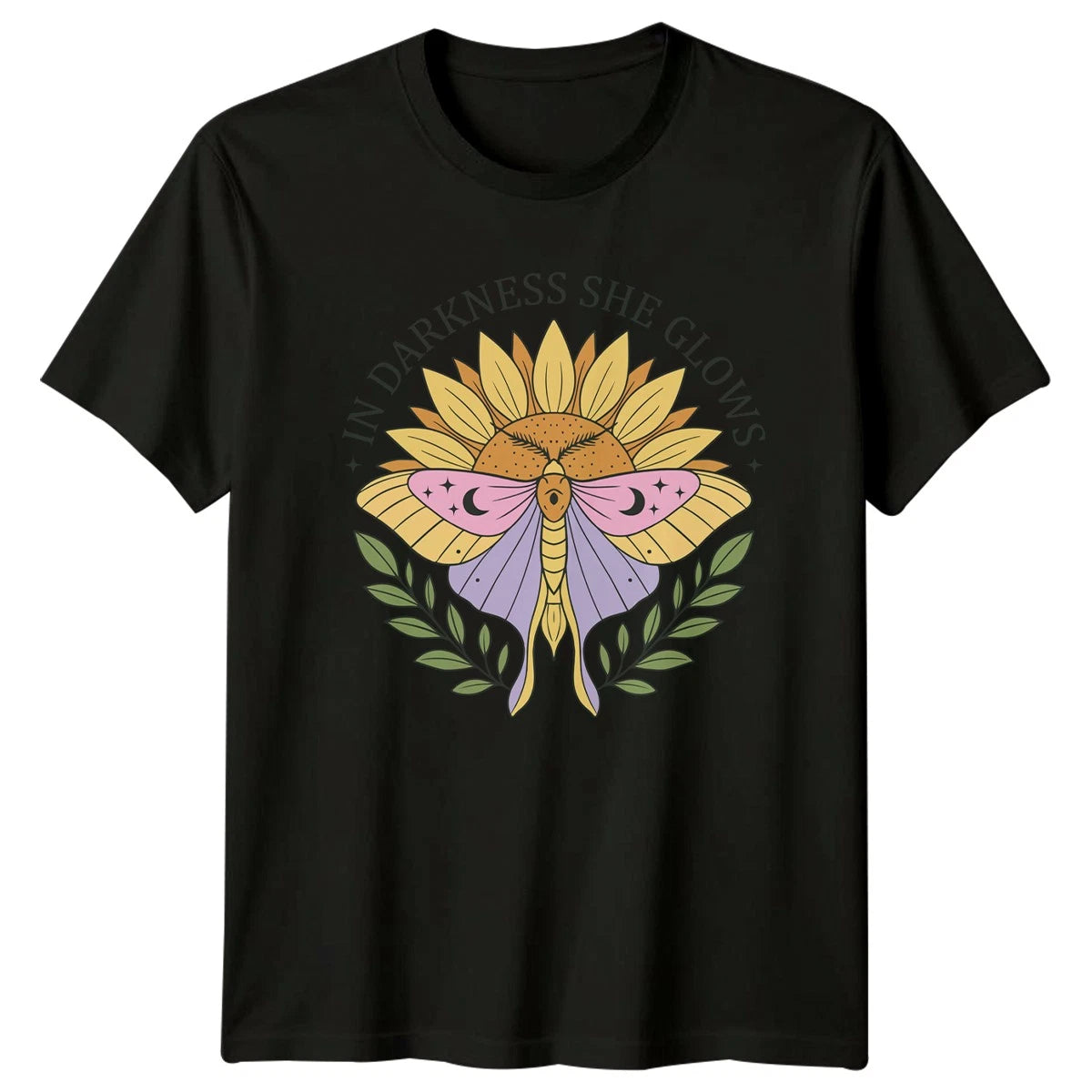 In Darkness She Glows Womens T-Shirt Celestial Moth Mystical Birthday