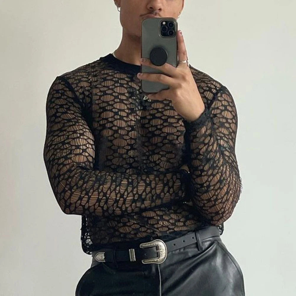 For Layering Men Mesh Tee For Daily Wear High Street Style Mesh Fabric