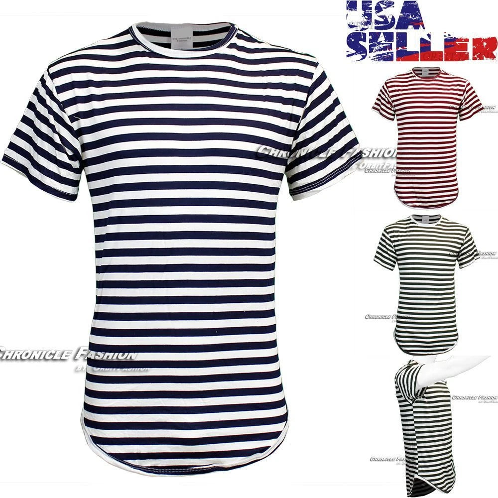 Mens Striped T Shirt Casual Short Sleeve Extended Hip Hop Longline Fashion Tee