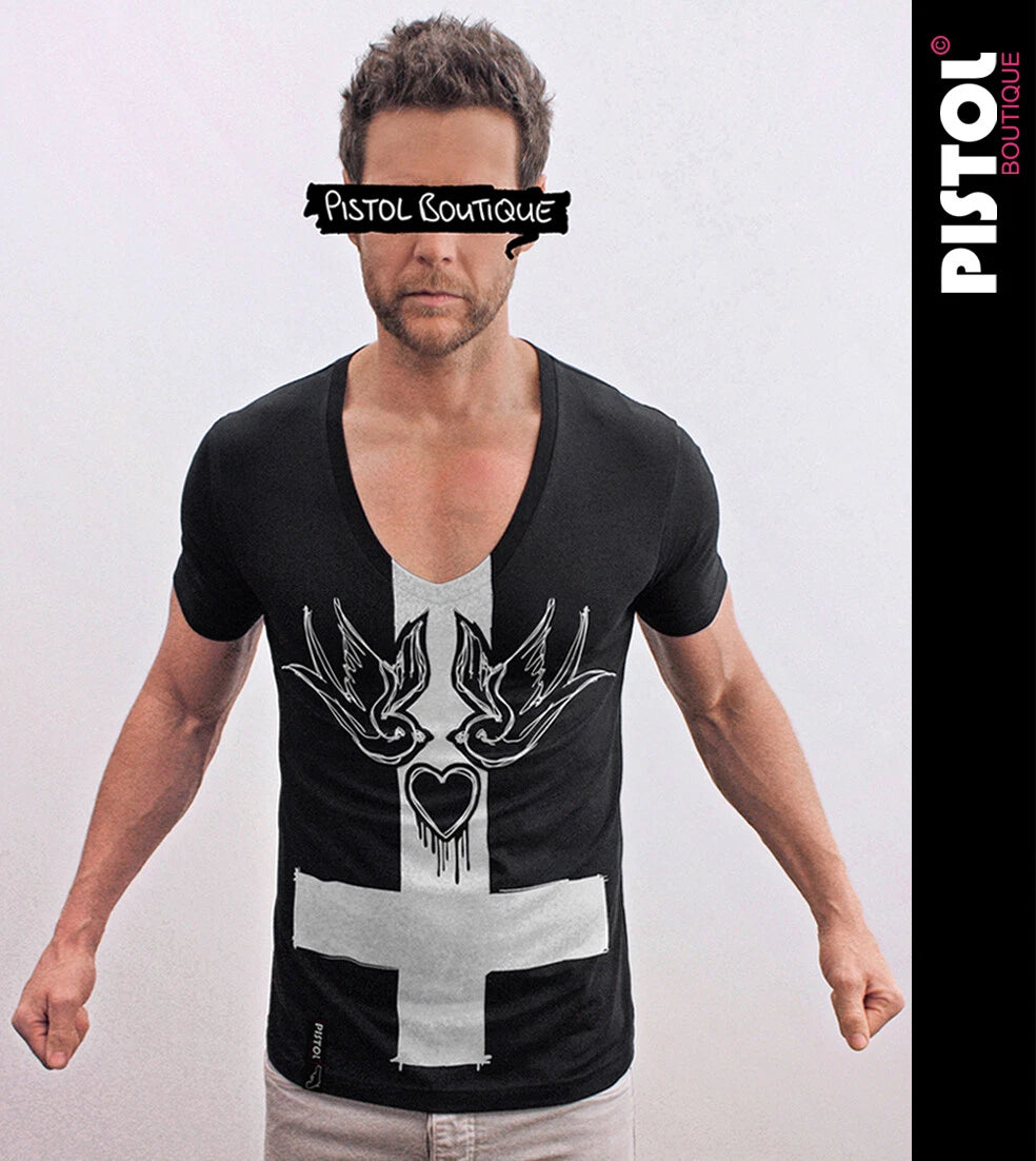 Pistol Boutique Men's Fitted Black Deep V neck SWALLOWS HEART CROSS T-shirt